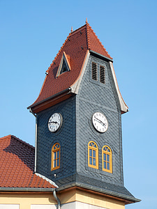 town hall, tower, clock, town hall tower, building, time