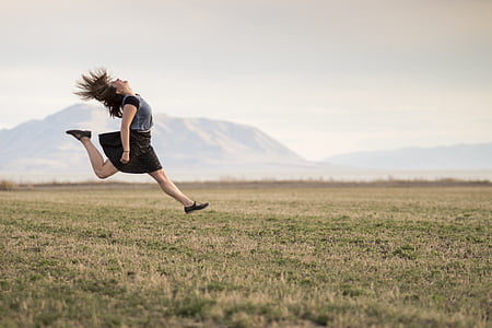 girl, jumping, happy, smiling, field, countryside, rural
