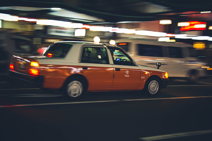 fast, taxi, cab, kyoto, japan, moving, motion