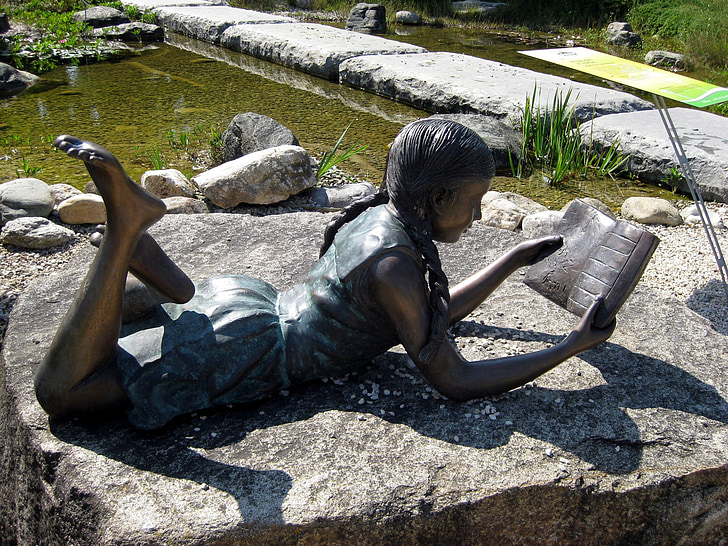 noia, llegir, jardí, Parc, estàtua, bronze, escultura