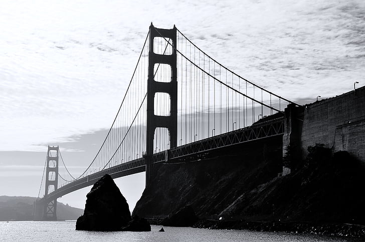 in bianco e nero, Ponte, Golden gate bridge, infrastrutture, punto di riferimento, oceano, San francisco