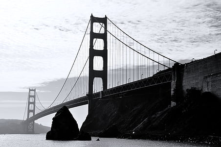 black-and-white, bridge, golden gate bridge, infrastructure, landmark, ocean, san francisco