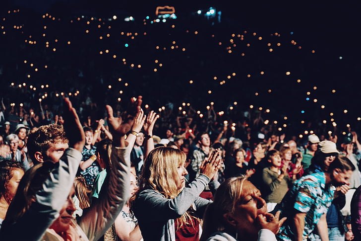group, people, bokeh, lights, crowd, hands, clapping