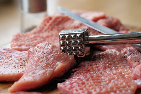 meat hammer, meat tenderizer, schnitzel, meat, raw, food, cook