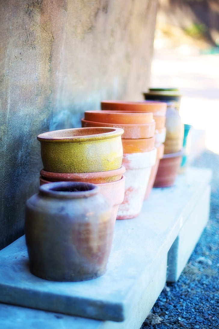 flower pots, terracotta, piles, painted, pottery, rustic, earthenware