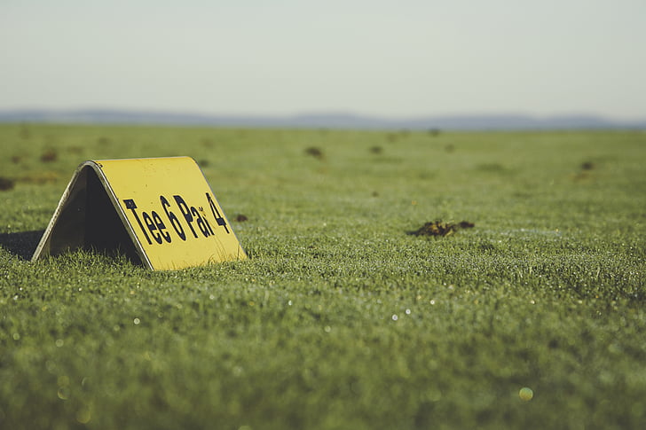 field, gold course, grass, green, ground, meadow, sign