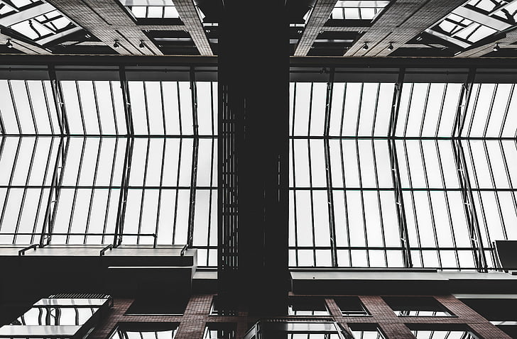 architecture, building, infrastructure, design, black and white, ceiling, window
