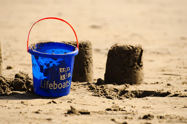 bucket, blue, sand cake, children, game, sea, joy