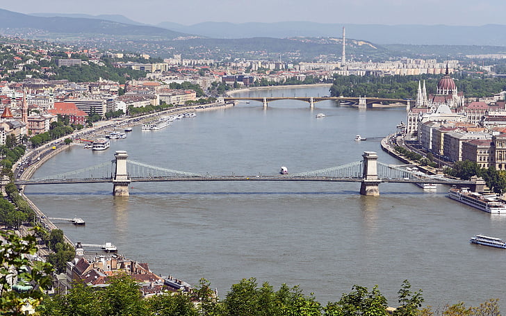 budapest, danube, overview, chain bridge, margaret bridge, parliament, view from the gellert hill