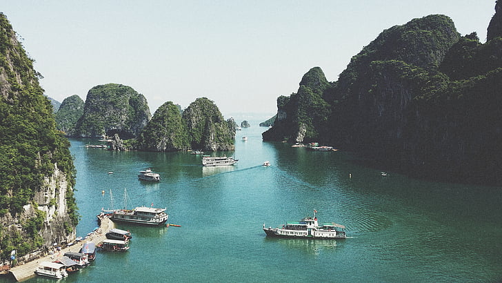 Bay, lodě, dok, Zátoka Ha Long, jezero, hory, Příroda