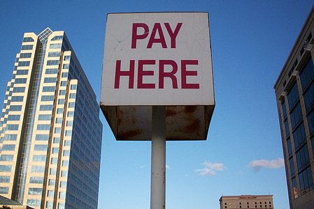 pague aqui, sinal, Texas, Parque de estacionamento, centro da cidade, Austin, pagar
