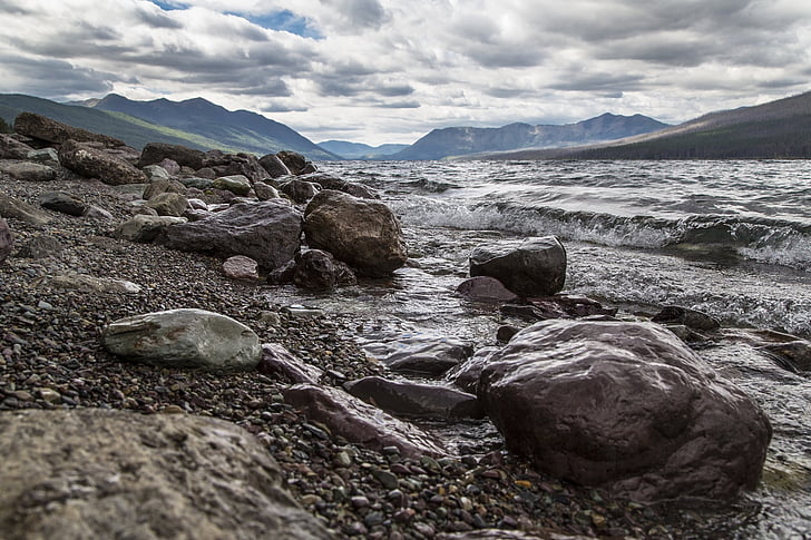 Lake mcdonald, rotsen, golven, oever, Rocky, strand, landschap