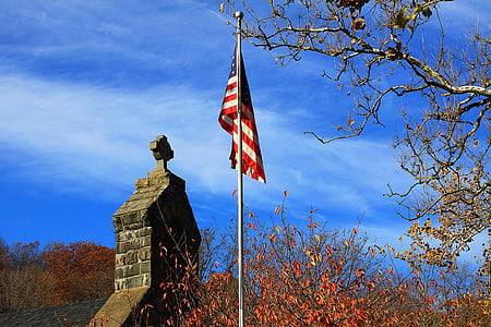Église, tour, drapeau, Croix, arbre, Sky, Direction générale de la