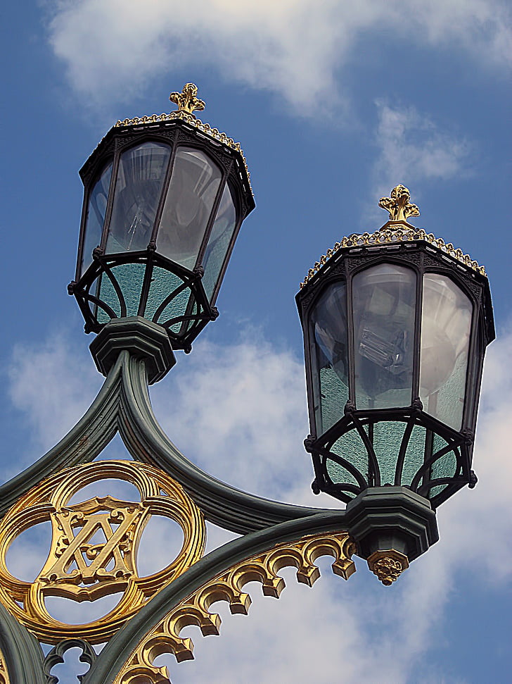 Iluminação publica, decorativos, céu, azul, nuvens, Londres, Inglês