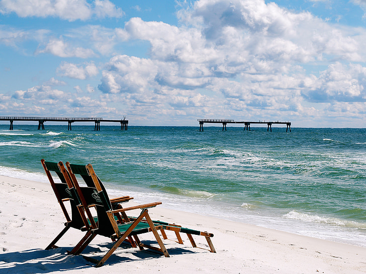 plaža, stolice, odmor, odmor, vode, ljeto, pijesak