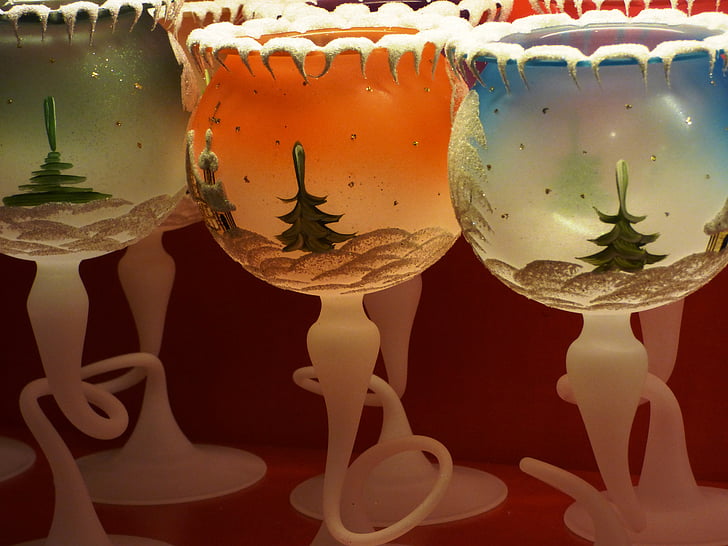 cristal, copas de vino, sostenedores de vela, ornamento de, Navidad, días de fiesta, árbol de Navidad