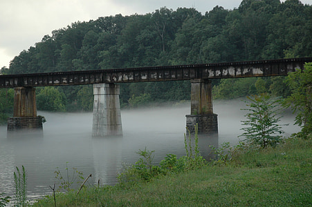 híd, kecskelábú vasút, folyó, Tennessee, köd, hegyek