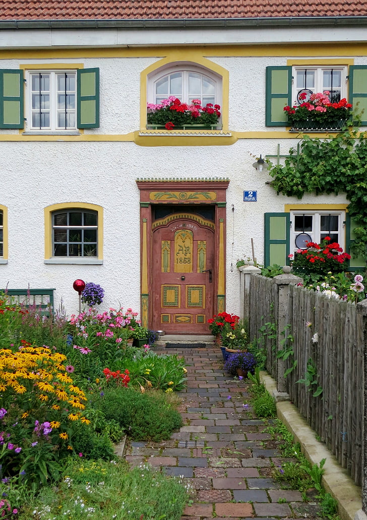 Berg, Jesenwang, ajtó, ház, bejárat, Front, kert