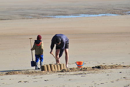 father, son, man, child, boy, beach, sand beach