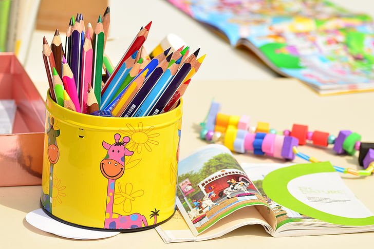colored pencils, pen box, paint, kindergarten, crayons, different colored crayons, pens