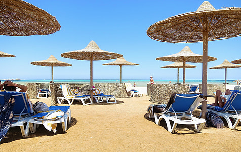 海滩, 沙滩, 遮阳伞, 孙躺椅, 太阳椅, 休闲, 旅行