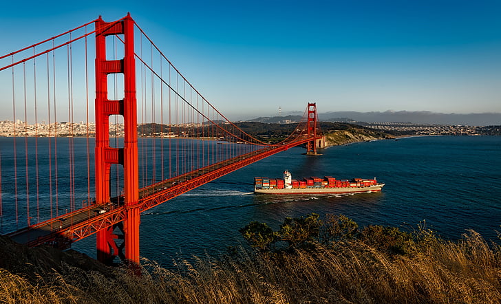 zawieszenie, San francisco, Kalifornia, Barka, statek, kontenery do transportu, podróży