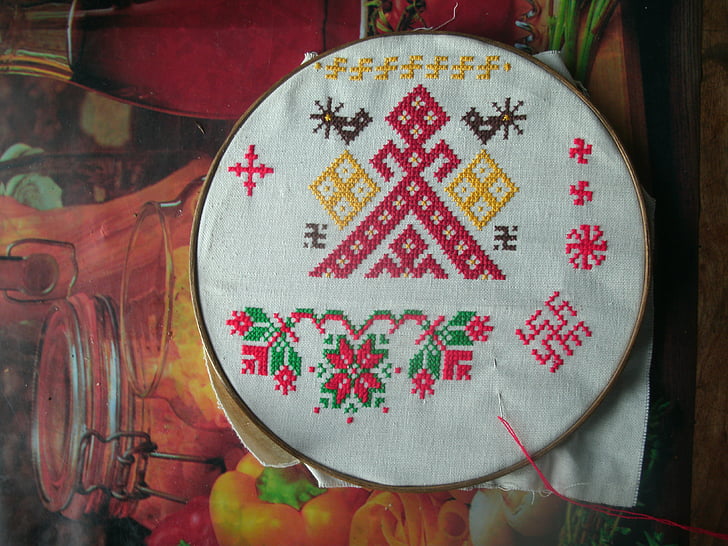 embroidery, russian, cross, red, thread, hoop, needle