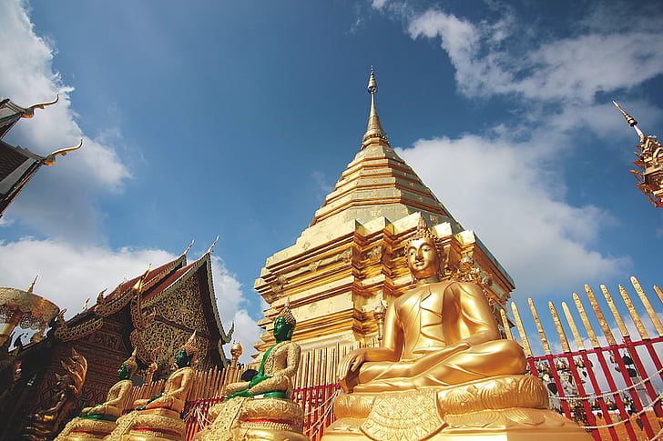 thailand, temple, doré, buddha, religious, sky, buddhist