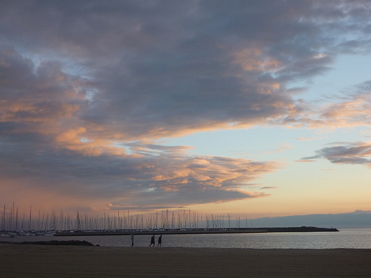 lugna sunset, Rosa, Mauve, blå, färgglada, Yachts, promenader på stranden