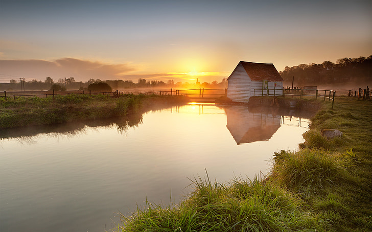 Danau, musim panas, rumput, rumah, alam, air, refleksi