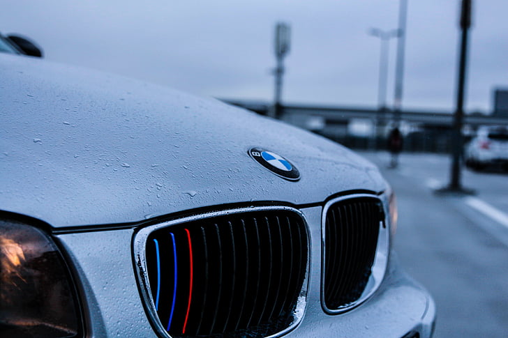 selective, focus, photography, white, bmw, car, road
