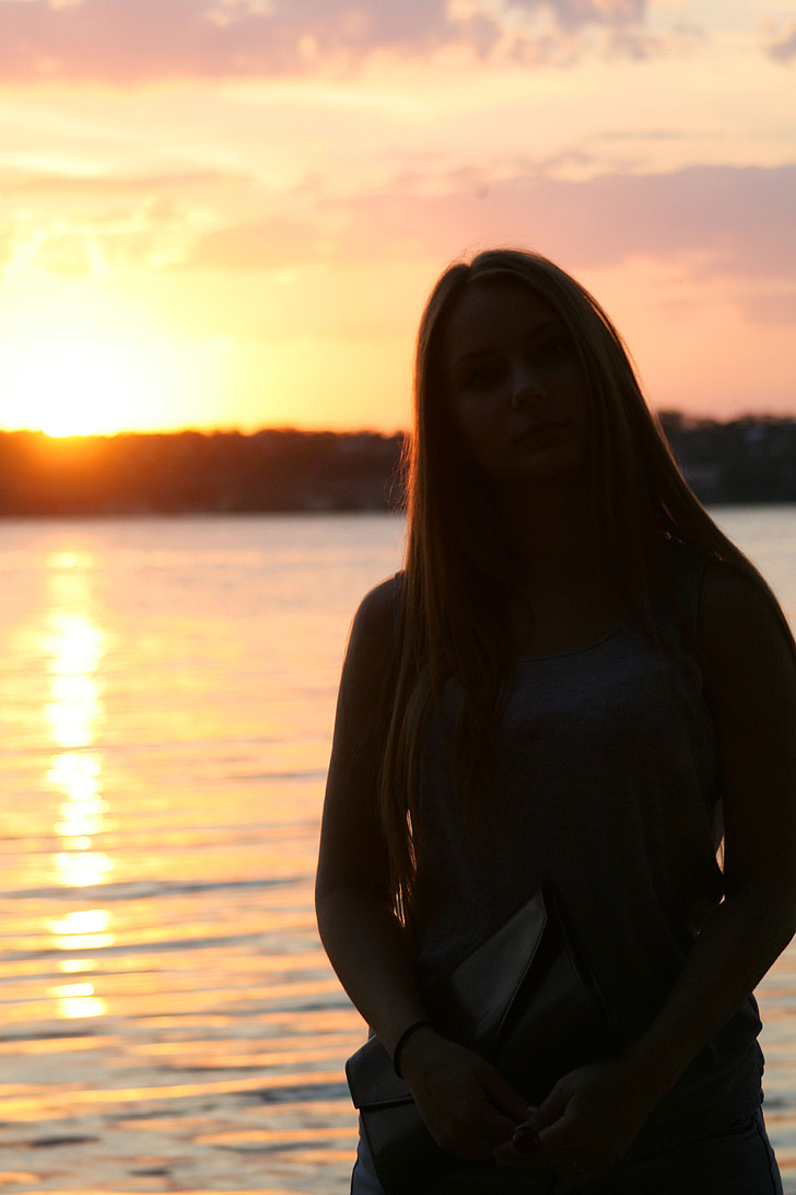 sunset, girl, sun, light, people, beauty in nature, river
