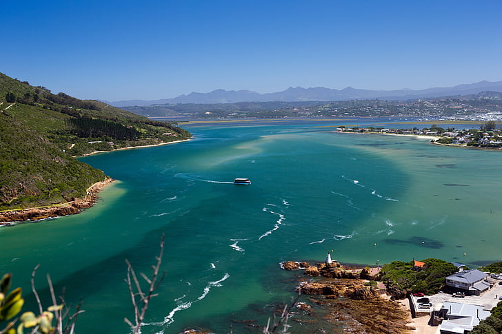 Knysna lagoon, Sydafrika, blå, grøn, vand, solskin