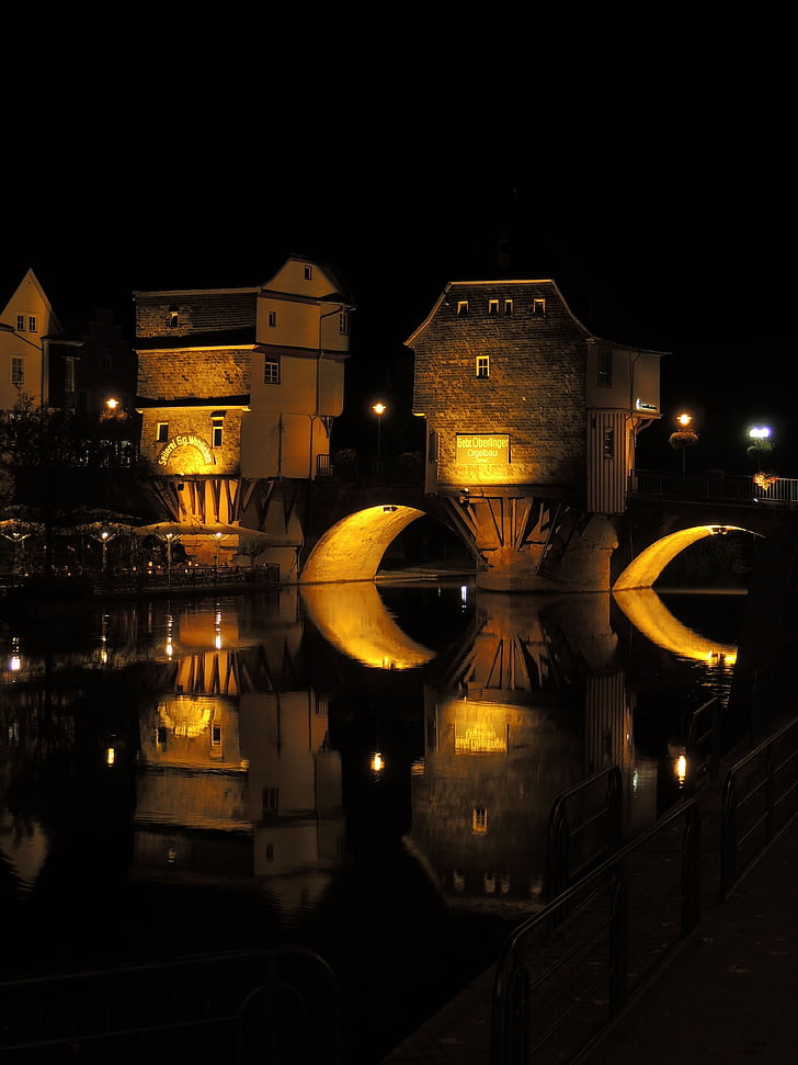 Most domy, Bad kreuznach, woda reflection, Lichtspiel