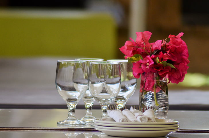 dishes, glasses, table, plates, cutlery, bougainvilleas, west indies
