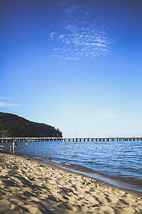 beach, sea, pier, molo, sky, blue, sand