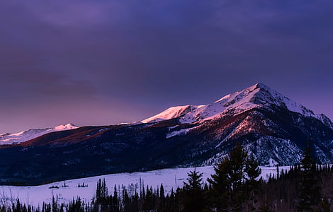 Colorado, bergen, äng, vinter, snö, solnedgång, skymning