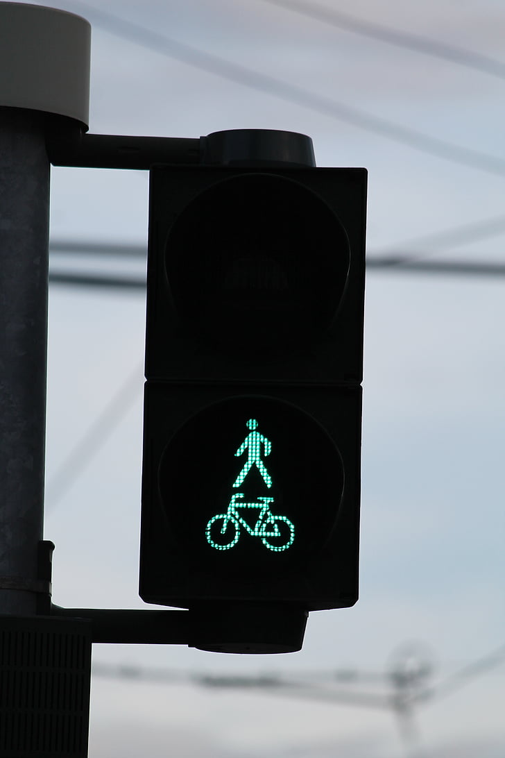 semaforju, zelena, za pešce, kolesarji, signal svetilka, prometa signal, prometa