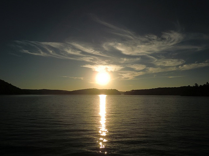 Západ slunce, na, jezero, Baptiste, voda, reflexe, obloha