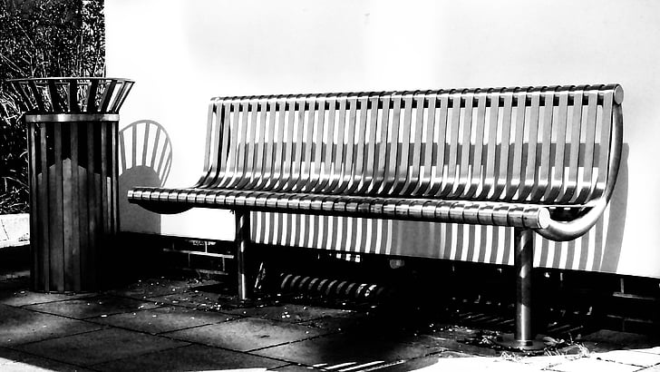 bench, black-and-white, chair, empty, seat, street, trash can