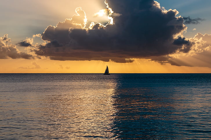 Oceanul de apus de soare, Oceanul Atlantic, Barbados, barca cu panze, razele lui Dumnezeu, apus de soare, mare