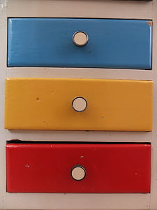 zásuvky, skříň, modrá, žlutá, červená, Barva, Knauf