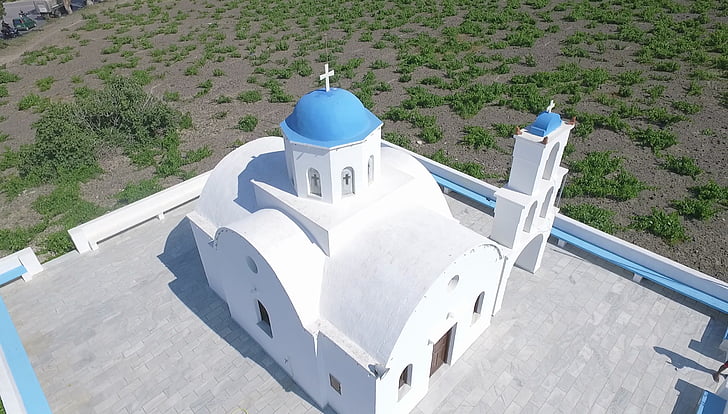 Église, photo aérienne, Santorin, bleu, Grèce, Église orthodoxe, Oia
