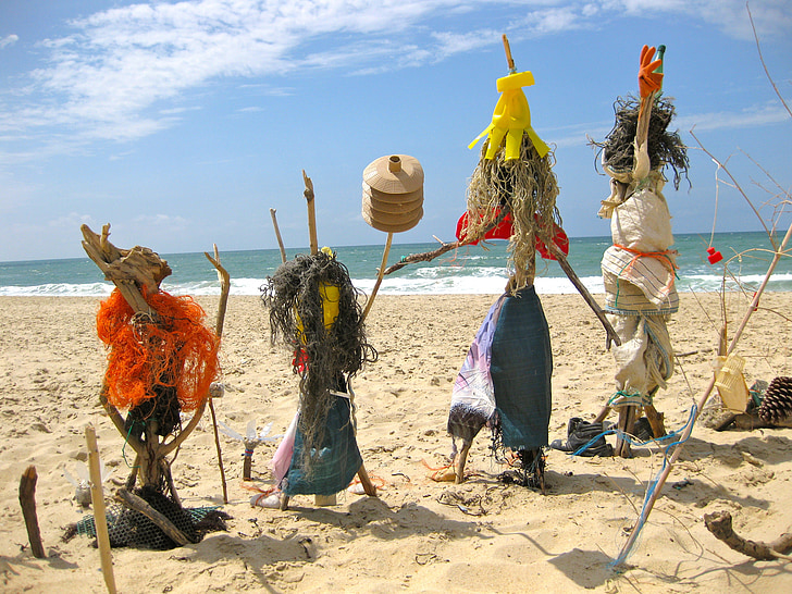 beach, figures, scarecrows, voodoo, sand beach, sea