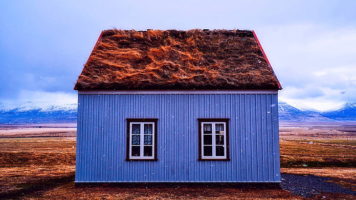 Izland, Hétvégi ház, ház, haza, távoli, nádtetős, táj