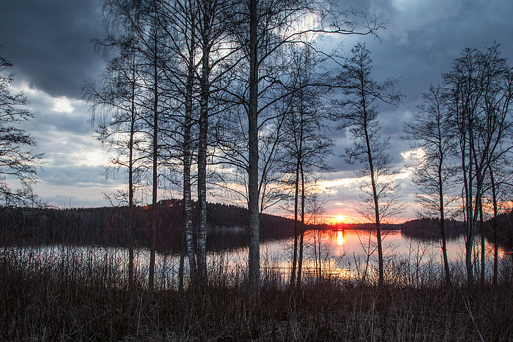 kulise jezera, Finska, pomlad, večer, jezero, krajine, kulise