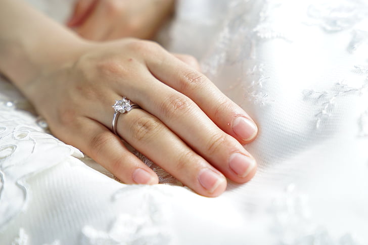 Ring, bruden, hand, bröllop, Förbindelselag, finger, vit klänning