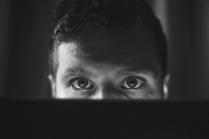computer, eyes, laptop, man, monitor, notebook, person