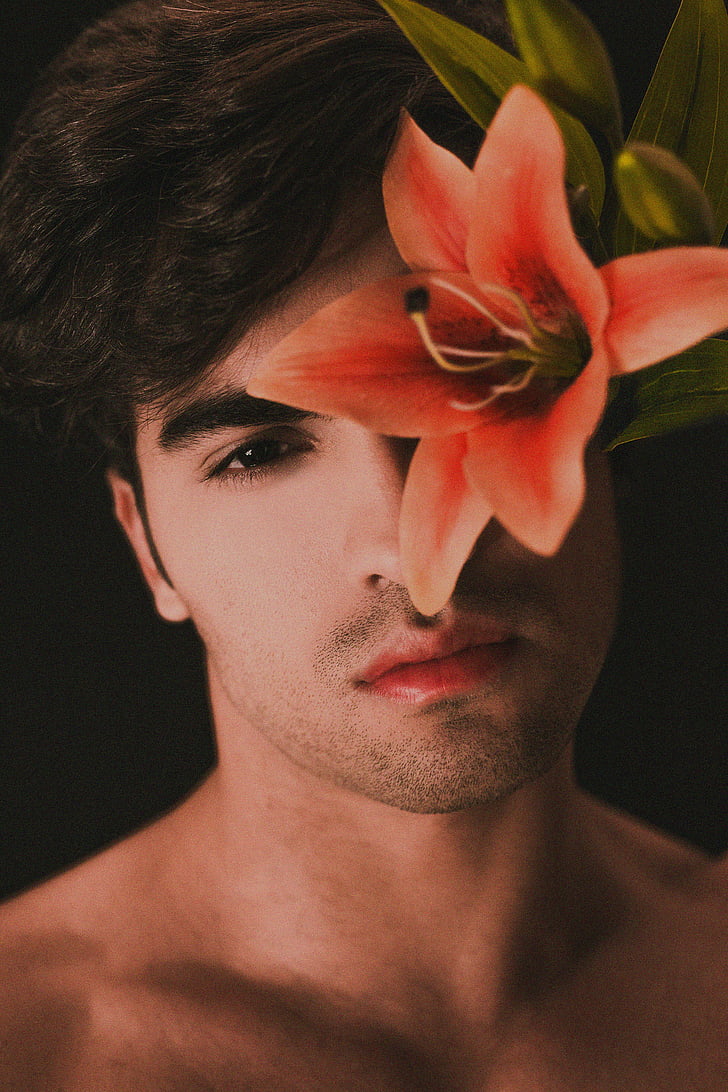 red, petaled, flower, man, male, guy, young adult