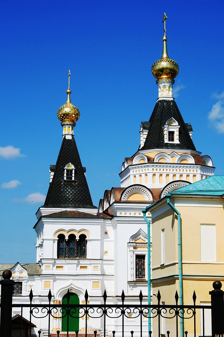 church, building, cathedral, historic, golden domes, towers, white wall